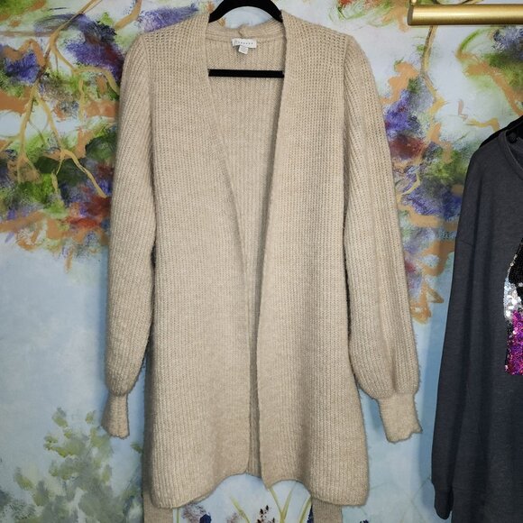 Wool Knit Beige Long Cardigan Sweater With Tie Belt - Picture 11 of 11